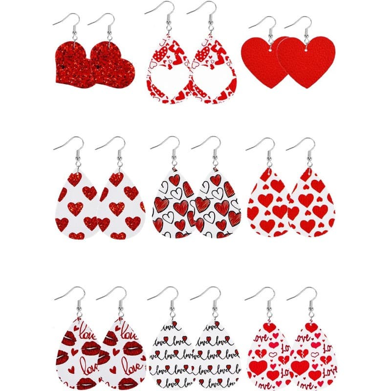TEMU 9 Pairs Of Valentine's Day Leather Earrings, Drop Heart Red Lips Cute Patterns Dangle Earrings, Assorted Love Themed & Gift For Women