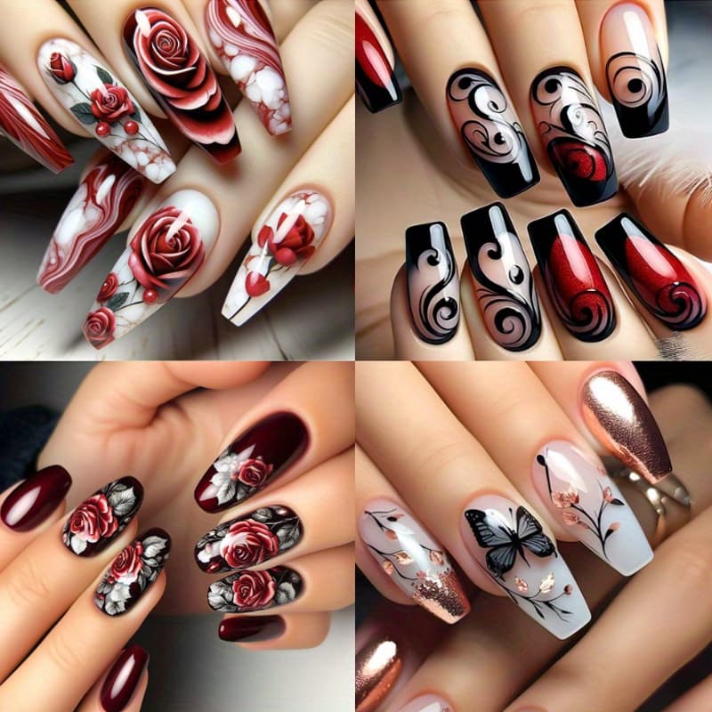 TEMU 96pcs (4 Pack) Press-on Nail Set, 3d Valentine's Day Heart & , Midlength , Mixed Color, Glossy Finish, Asy Application &removal, Nail File - Luxury & Elegant Style Forparties, , Daily Wear