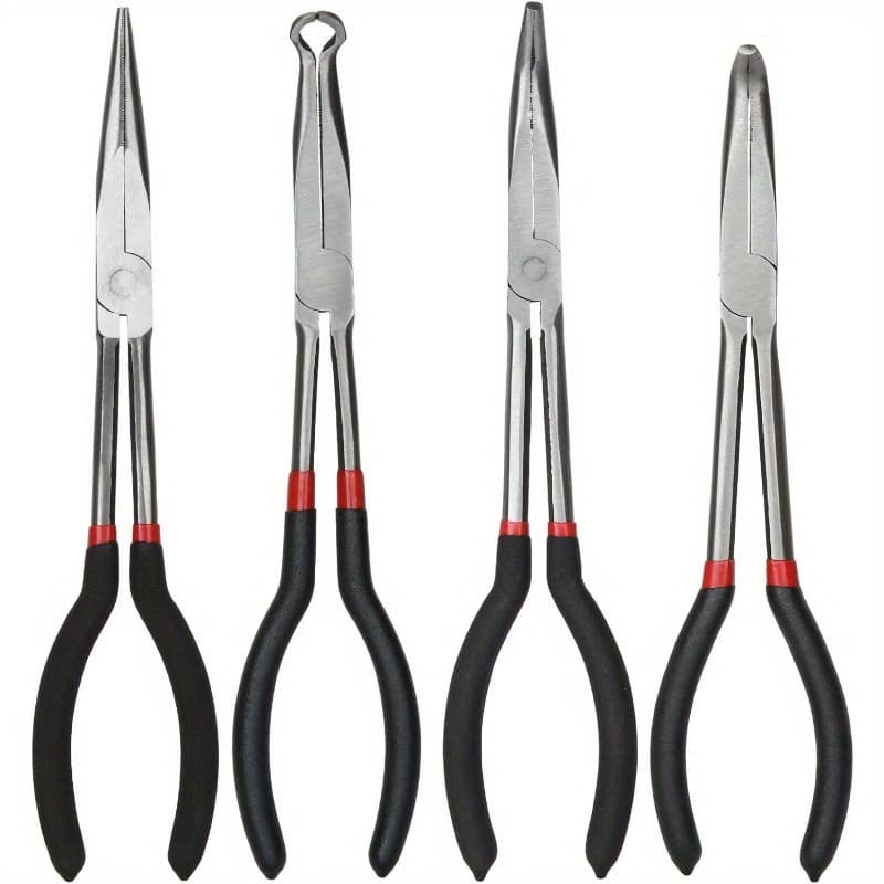 TEMU Set Of 4 Needle Nose Pliers, 11 Inches Long Reach, Straight Needle Nose Pliers, Curved Needle Nose Pliers At 45 & , Tool For Removing Spark Plugs