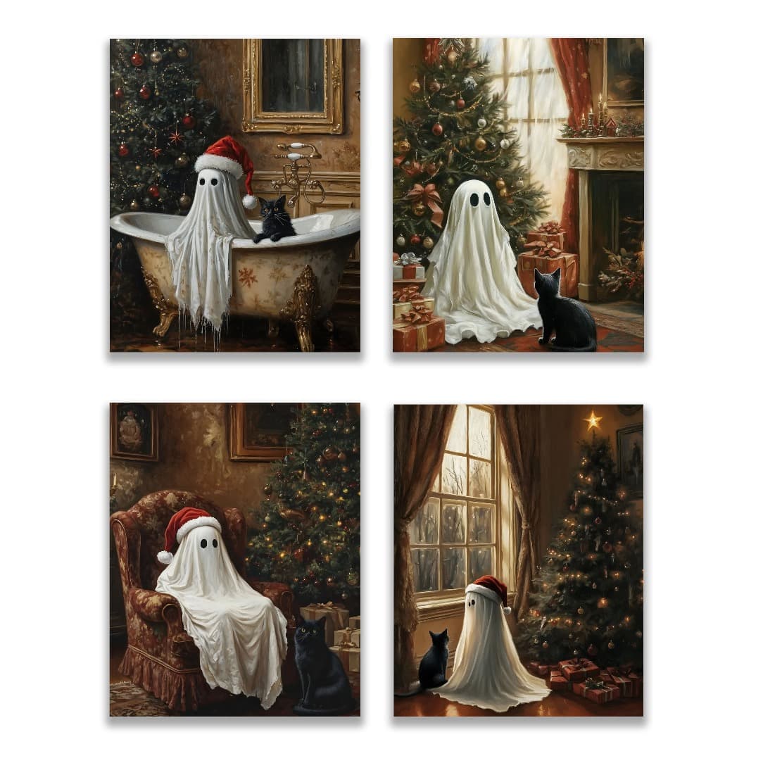 TEMU 2d Flat, 2d Flat, No Frame Included, Set Of 4, Christmas-themed Posters, Retro Printable Wall Art, Oil Paintings, Paper Posters, Mural Posters (8x10 Inches)