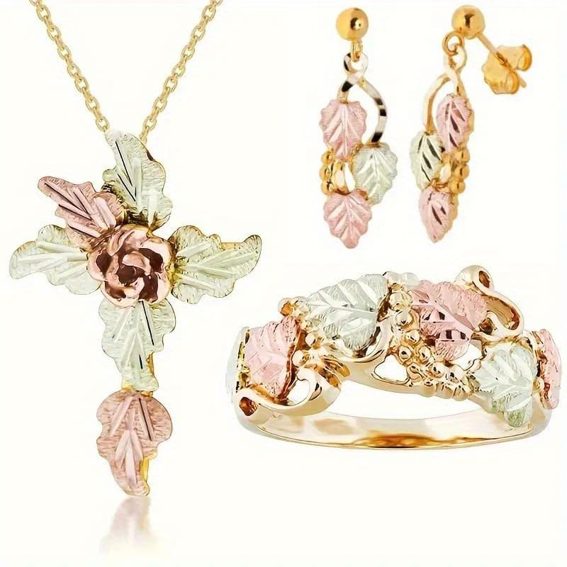 TEMU Fashion Creative Leaf Ring Pendant Earrings Necklace Anniversary Gift Festival Birthday Gift Party Jewelry