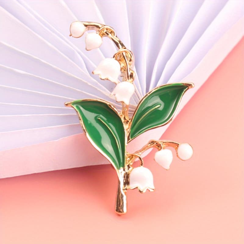 TEMU Lily Of The Valley Brooch - Pure With Gradient Green Leaves & Edge (versatile For Collar/vest/date Occasion)