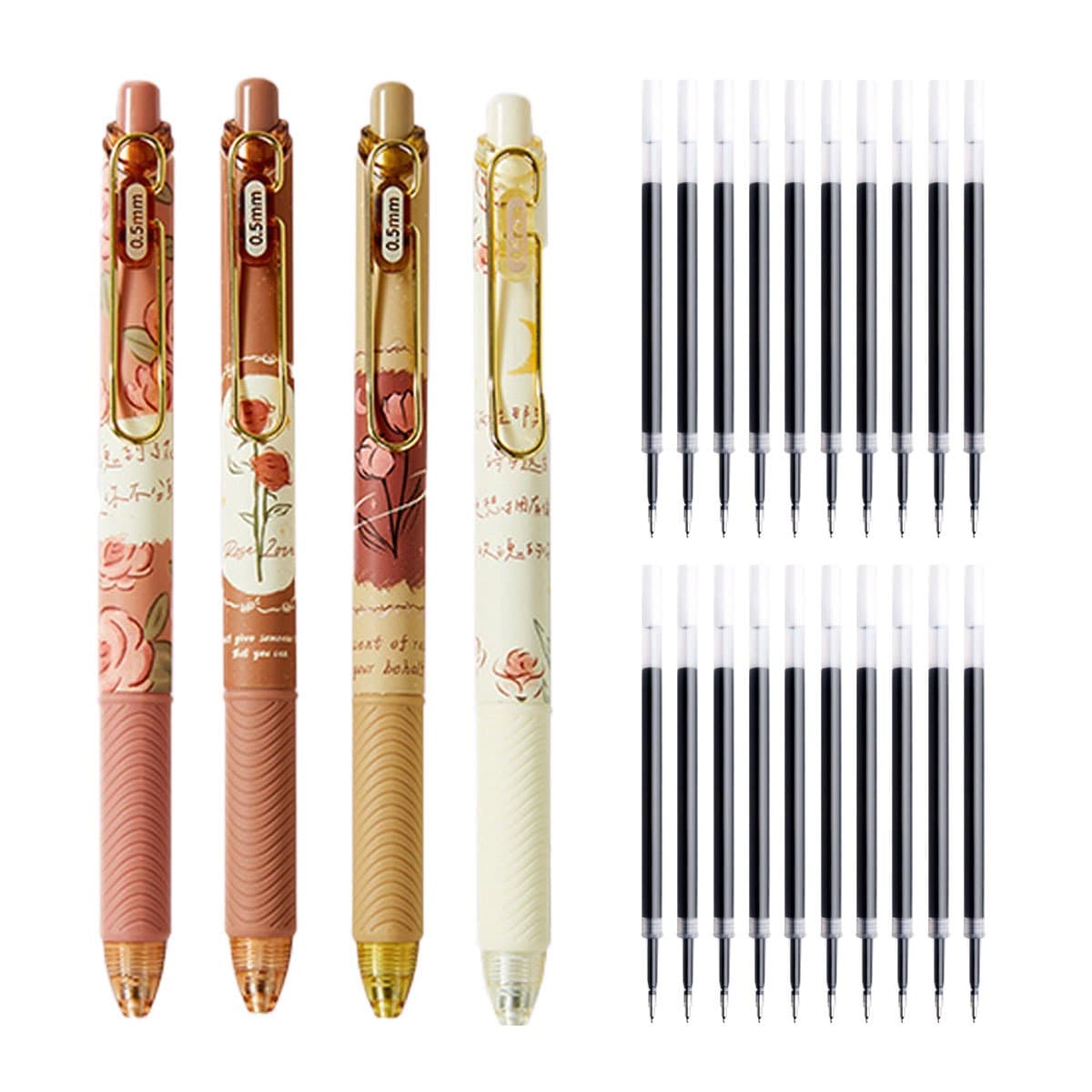 TEMU 24pcs Mule Rose And Poetry Gel Pens, High-quality Retractable Gel Pens -dry Ink, 0.5mm Fine Tip Retractable Pens, Smooth Writing Pens For School And Office Supplies
