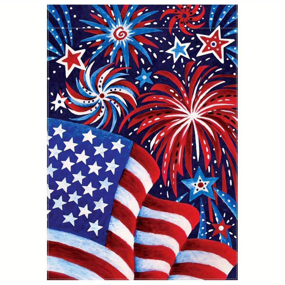 TEMU 1pc Bright Patriotic Garden Flag Double-sided, Polyester Fiber With American Flag And Fireworks Design, Outdoor Patio Decoration, 12x 18inch, Flagpole Not Included, Outdoor Garden Flag