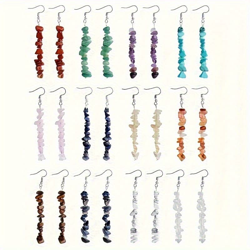TEMU 12-pair Natural Stone Bohemian Dangle Earrings - Multicolor Gravel Stone Drop Earrings With Natural Irregular Stones, Retro For, For Wear & Vacation (no Plating)