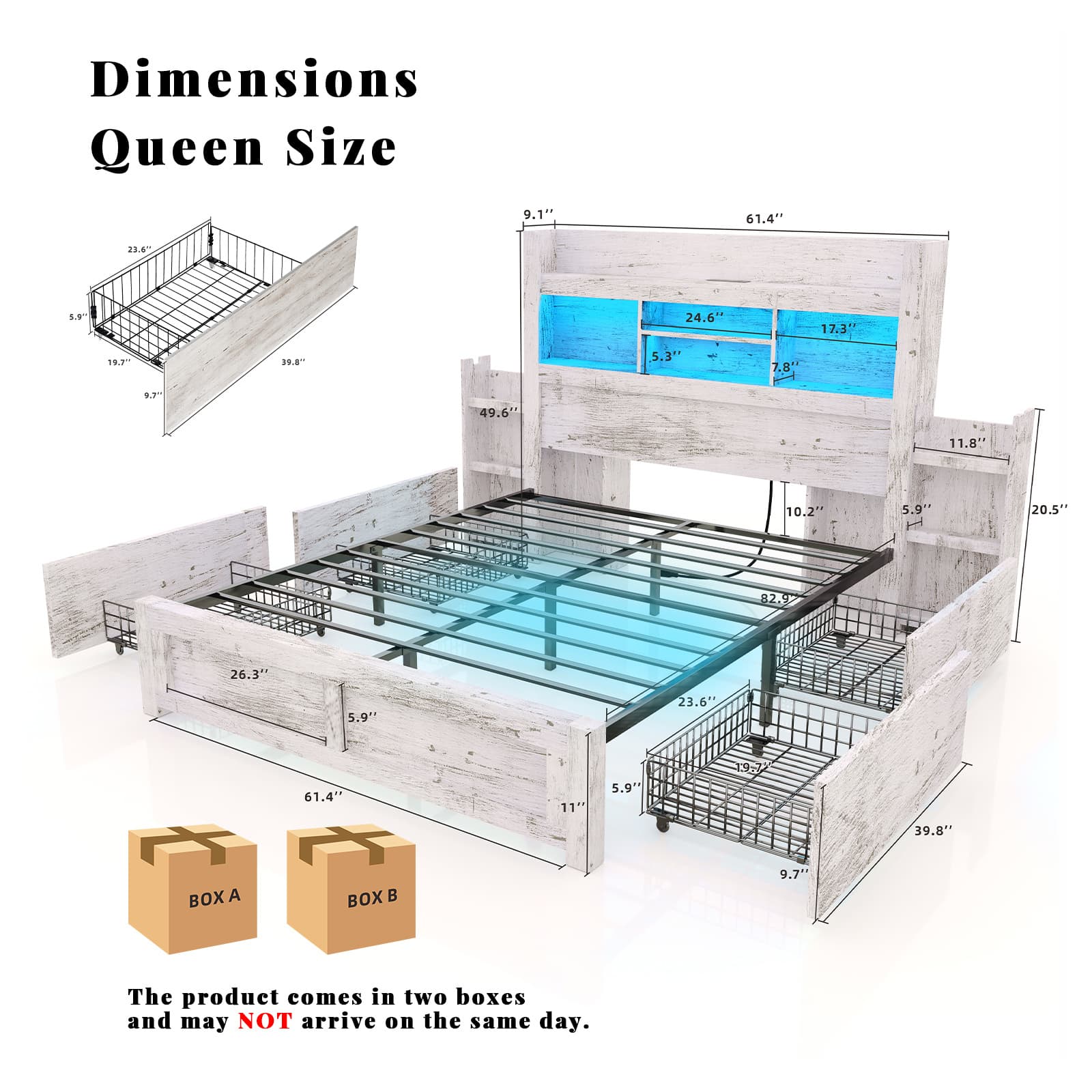 TEMU Papababe Bed Frame With 49.6 Inch Bookcase Headboard, 4 Drawers And 2 Detachable Storage Racks - Farmhouse Wood Bed Frame With Rgb Led Lights And Charging Station, Spring Needed