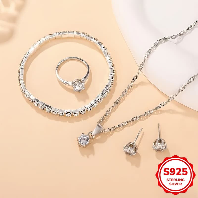 TEMU Four-piece Jewelry 925 Silvery Ladies Necklace Set Stylish, Statement And Elegant Necklace Set For Girlfriend, Inlaid With Moissanite
