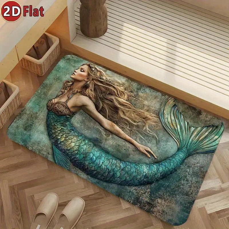 TEMU 1pc Mermaid-themed Non-slip Quick-dry Bath Mat - Absorbent Diatomaceous Earth Rug With Teal Green , Perfect For Bathroom, Kitchen, And Living Room Decor - Ideal Gift For , Bathroom Rug
