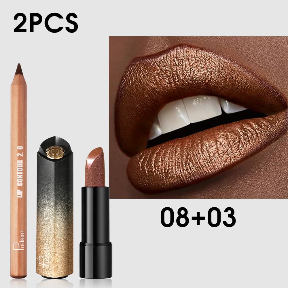 TEMU Lip Combo Luxe Press Golden Lipstick Set With Lip Liner | Brown Shimmer & Nude Lip Liner Pencil | Viral Fall Makeup Kit (2pcs)
