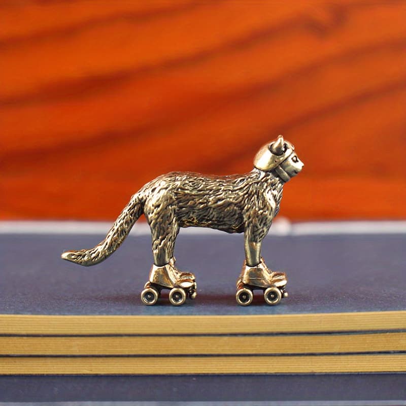 TEMU Antique Brass Vintage Skiing Figurine - Hand- Yellow Copper Statue With 4-legged On Skates, Ornate Skiing Cat Decor For Home, Tabletop, Shelf, Gift ( )