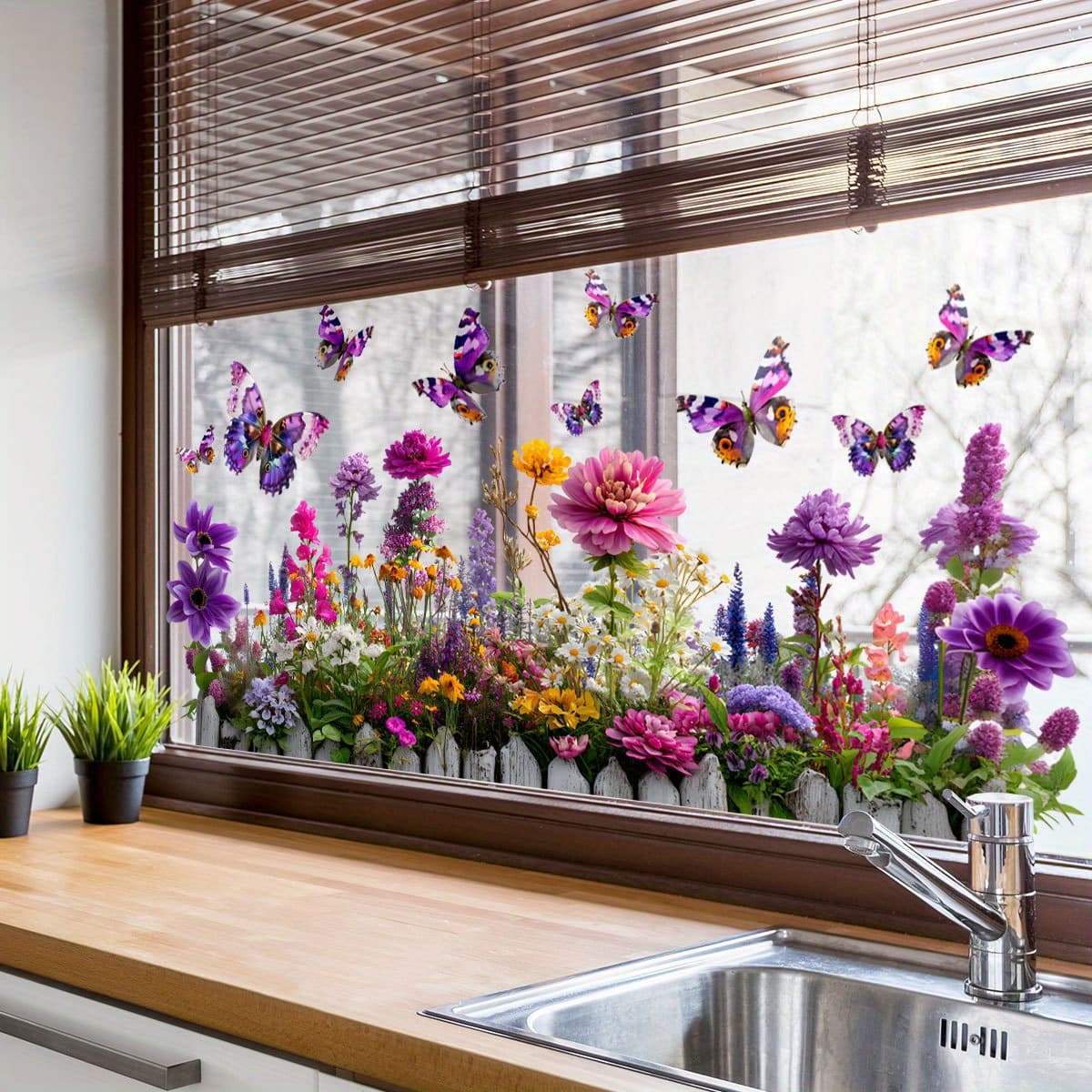 TEMU Painted Fence, Purple , Colorful Flower Window Stickers, Electrostatic Stickers, Bedroom Home, Living Room Display Window, Background Wall Decoration And Stickers