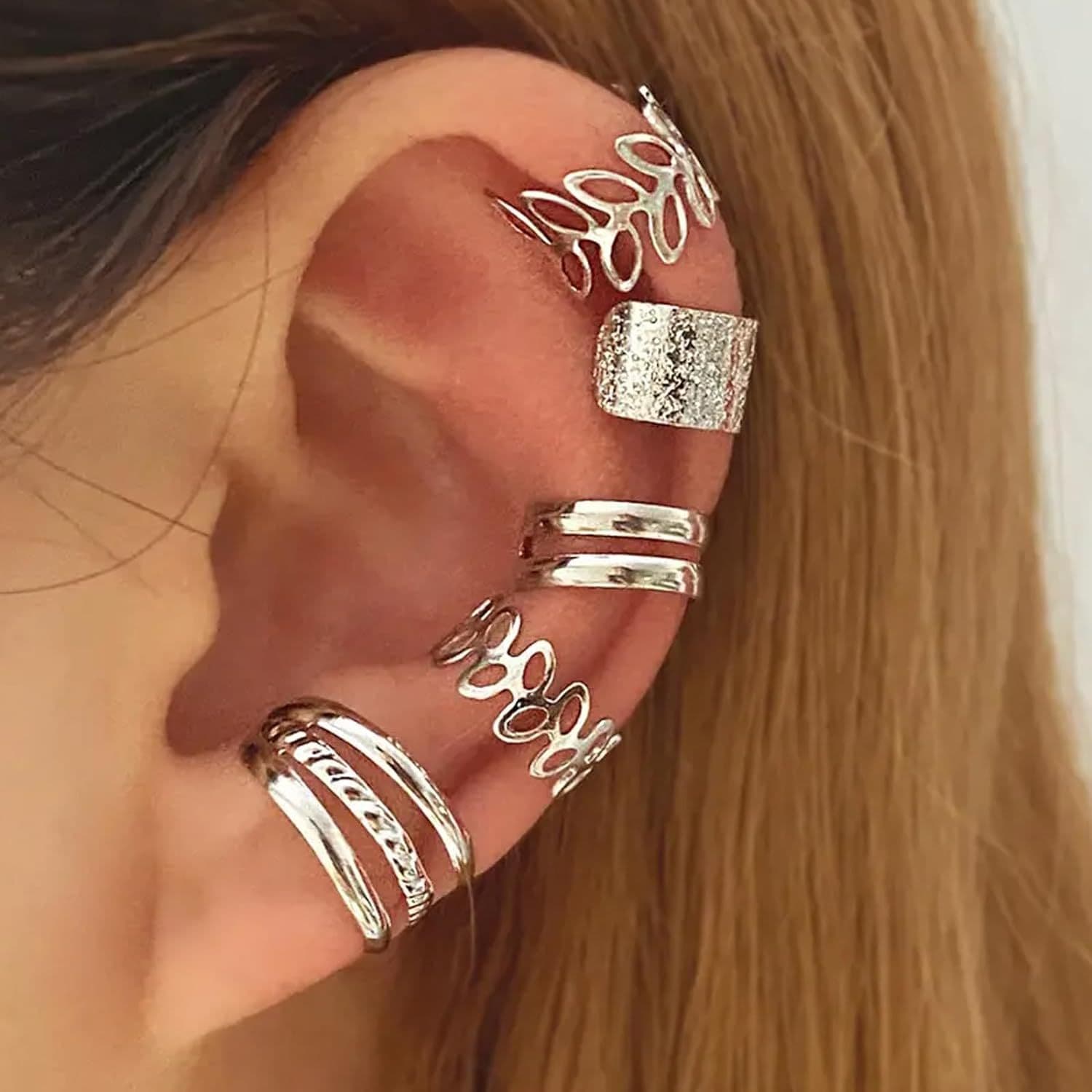 TEMU 5 Pack - Golden/silvery Ear Cuffs Set For Women, Non-piercing, Hypoallergenic Clip-on Cartilage Earrings