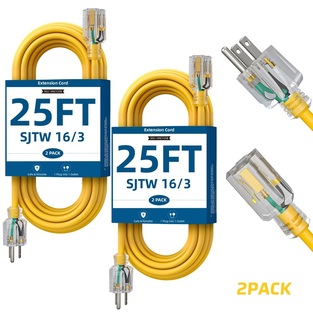 TEMU 2pack 25ft Heavy-duty Extension Cord With Indicator, 13a 125v Sjtw 16/3 Full Copper Cable