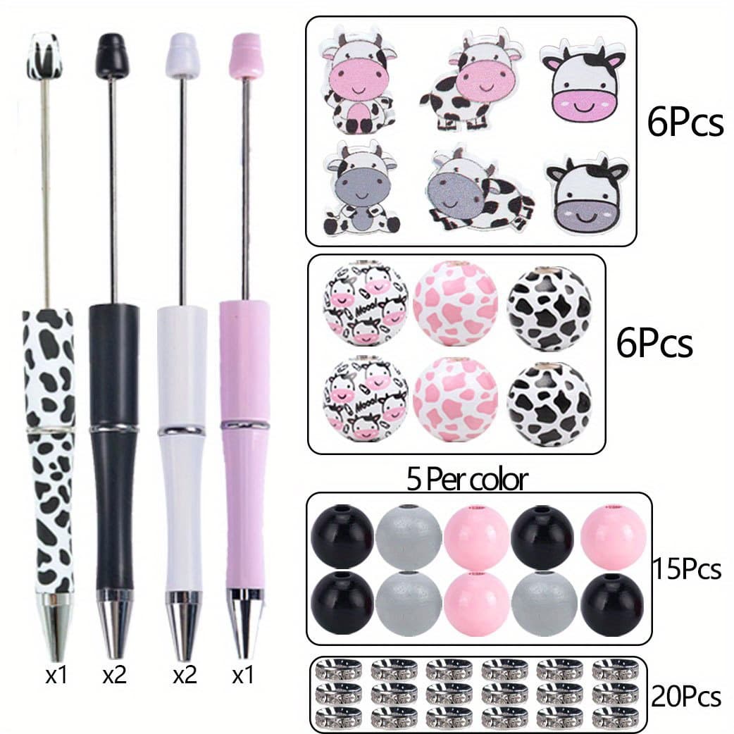TEMU 6 Sets Of Cartoon Cow Ballpoint Pen Bead Set With Wooden Pad Printed Bead Diy Craft Set, For Jewelry Writing Tools, 1mm Black Ink