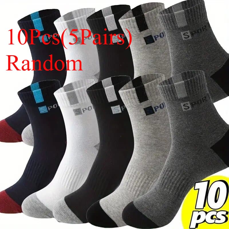 TEMU 10-piece (5-pair) Random Color Men's Letter , Breathable Athletic Socks, Fashion Letter Outdoor Sports Socks, Casual Socks