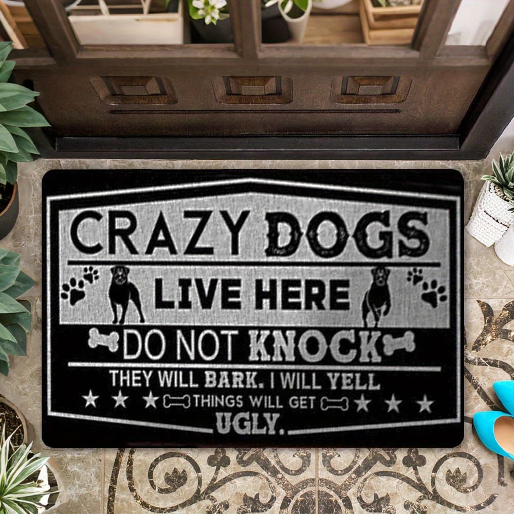 TEMU Humorous ' Lives Here' Welcome Mat- Non-slip, Doormat With Durable Rubber Backing, Perfect For Home And Office Entrances, Living Rooms, Kitchens- Black With Paw Print And Bone Design