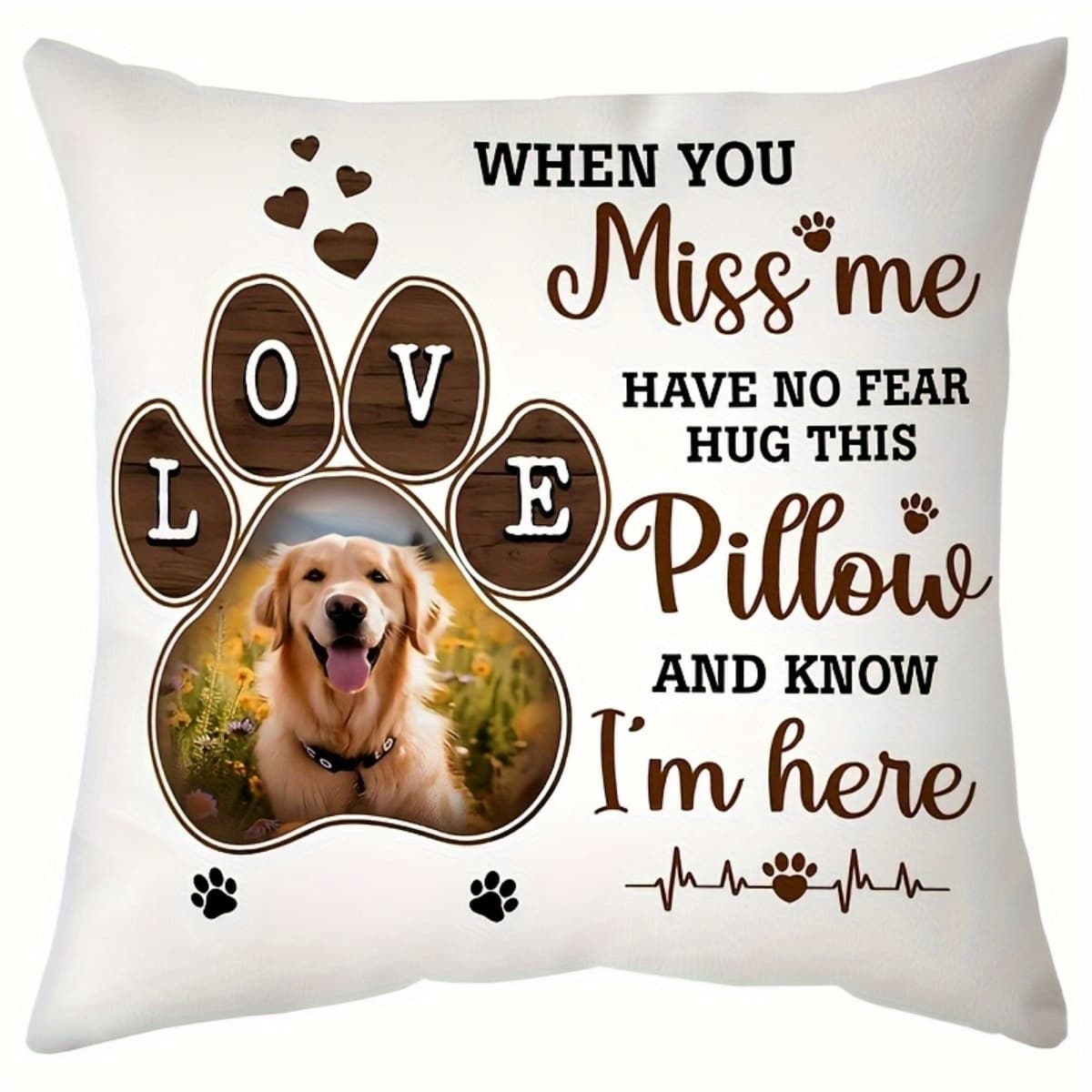 TEMU 1pc Custom Pets Memorial Throw Pillow (18x18inch), Personalized Printed Brown Love Paw Pillow Case Custom Photo Perfect For Memorial And Sympathy Gifts Pet Loss Gift-no Pillow Core Included