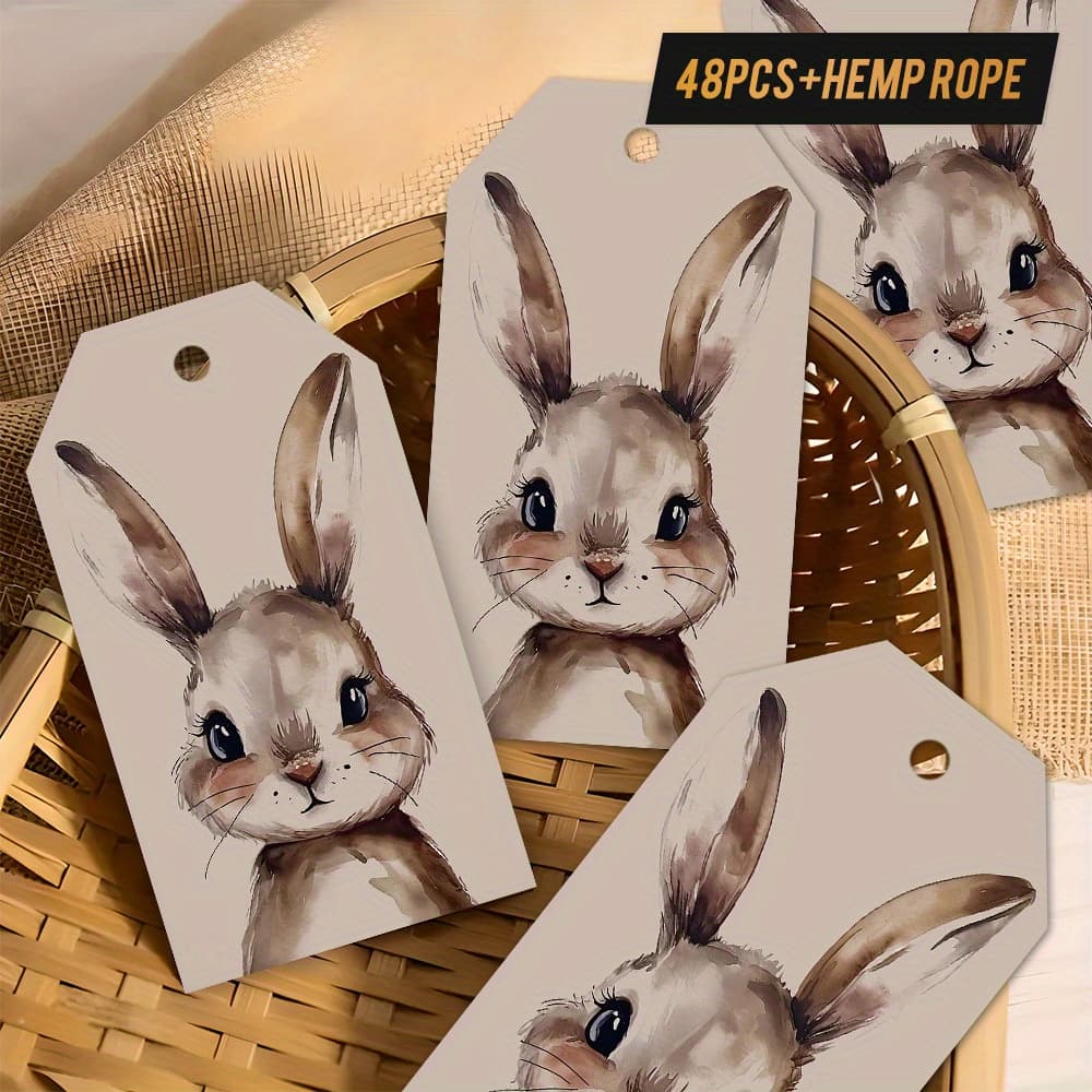 TEMU 48pcs Watercolor Bunny Face Tags With Hemp Rope - Gentle Style, Mixed Colors, Wrapping, Bookmarks, And Souvenirs, And Who Delicate Art, Bunny Additions