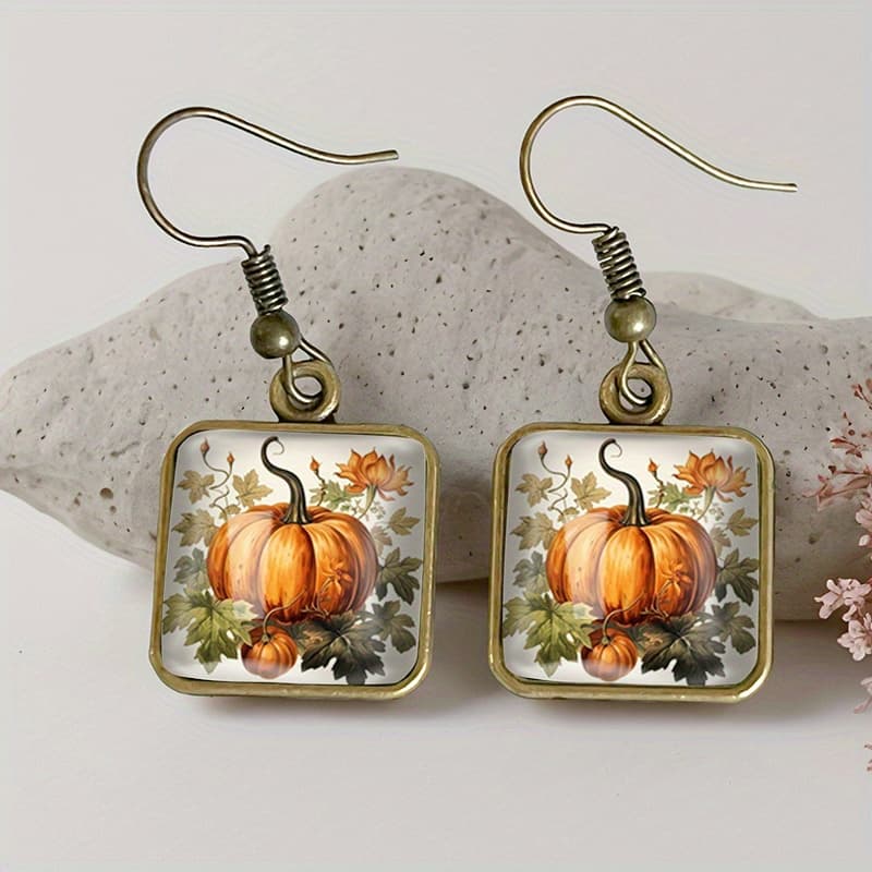 TEMU A Pair Of Vintage Glass Pumpkin Square Earrings For Thanksgiving, Handmade Jewelry To Gift , Without Battery