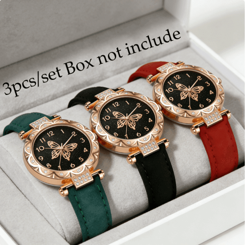 TEMU 3pcs/set Exquisite Dial Quartz Watch | Fashion Women's Faux Leather Strap Wrist Watch Set, Elegant Style, Non, Display