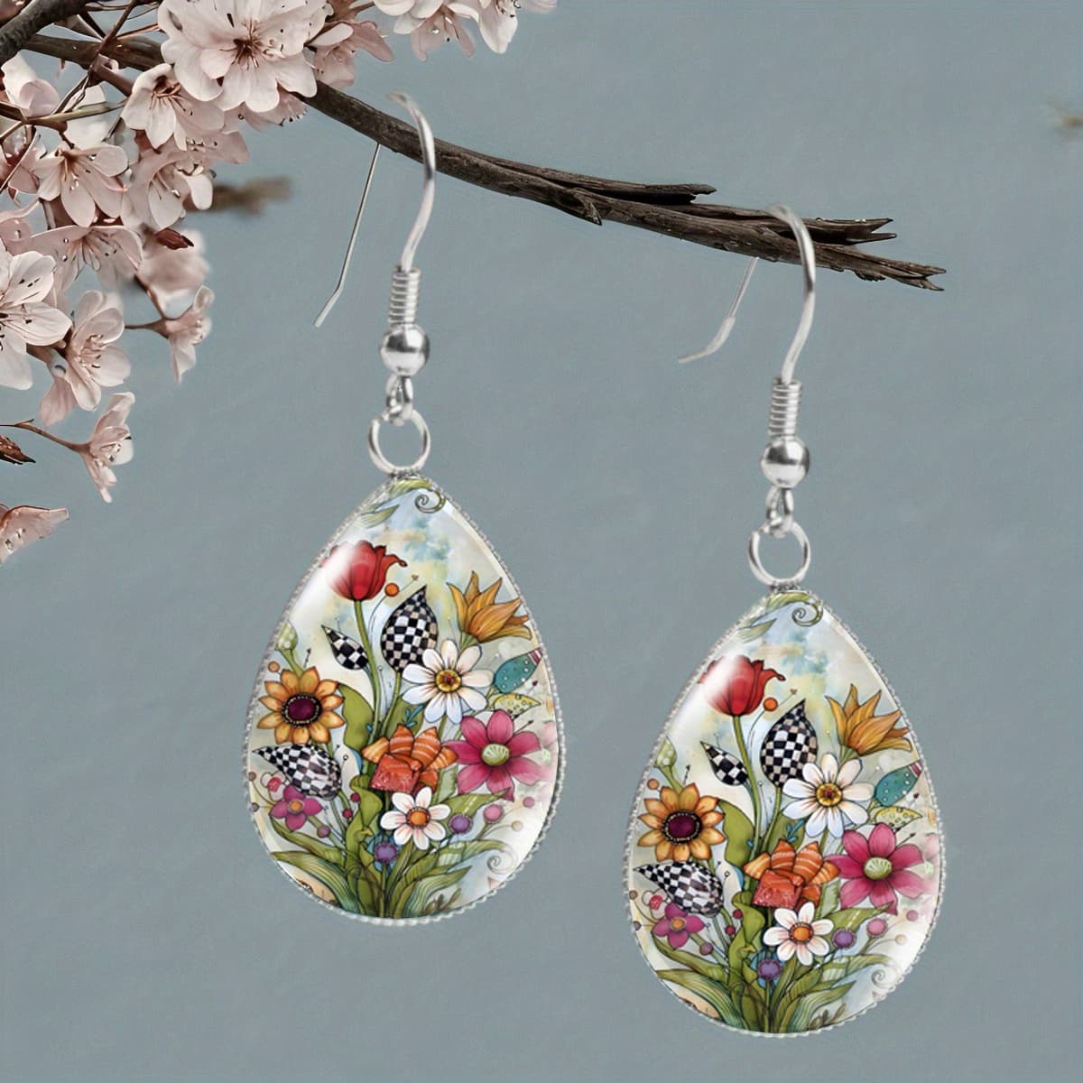 TEMU 1 Pair Of Elegant Multicolor Floral Daisy, Tulip, And Black-and-white Checkered Decorative Earrings, Holiday Gift