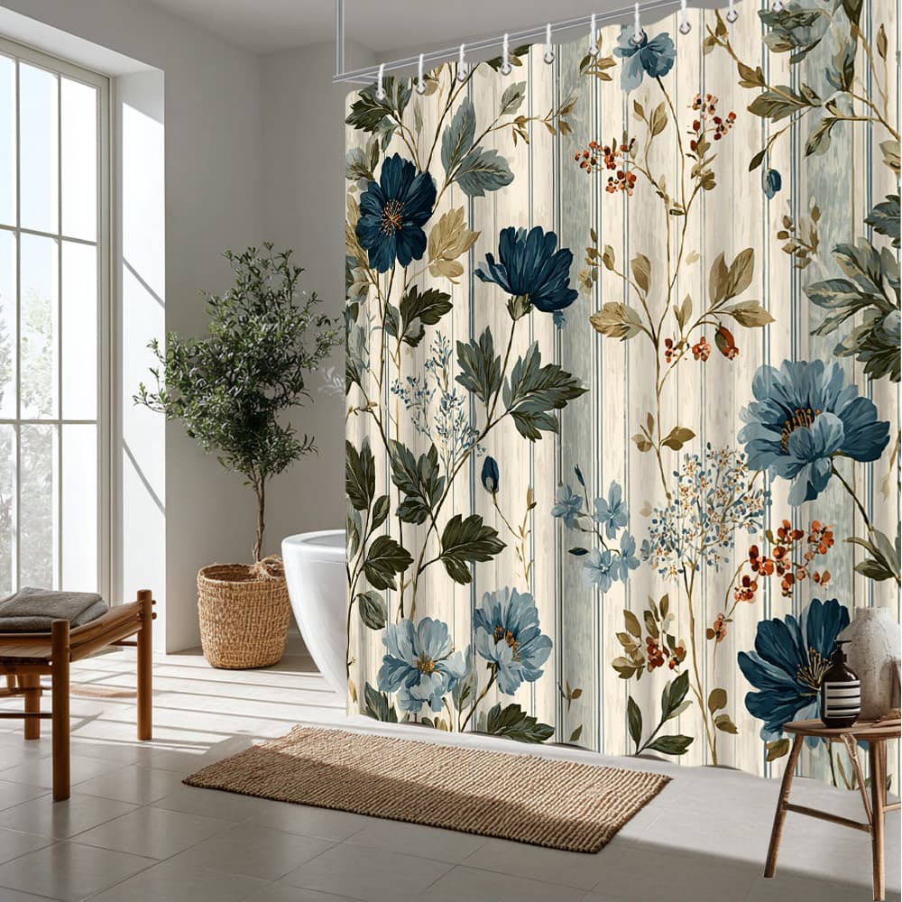 TEMU 1pc Vintage Floral Shower Curtain | Polyester Fabric, 70.8x70.8 Inch, Blue Flower And Green Leaf Design, Includes 12pcs Hook, Machine Washable