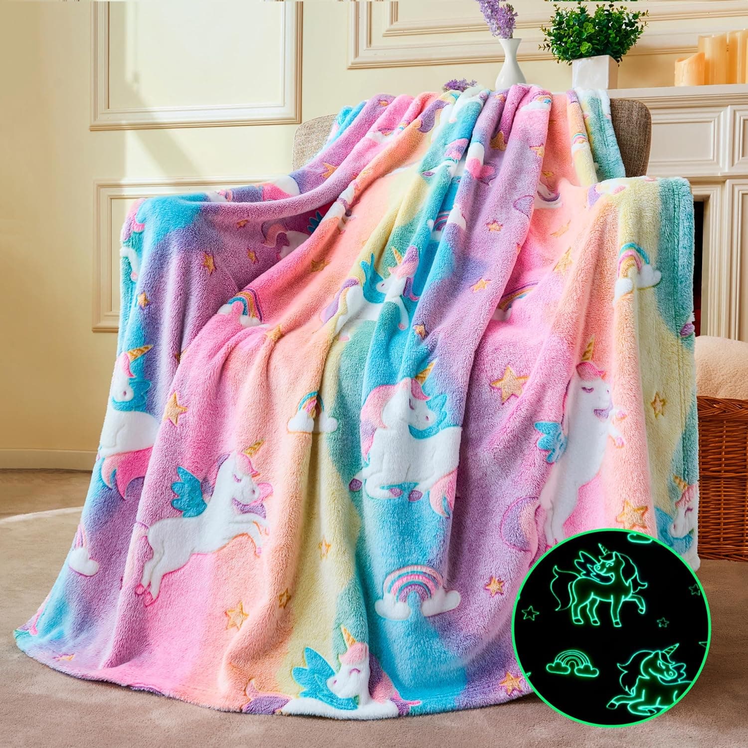 TEMU Unicorns Glow In The Dark Blanket For Kids, Soft Cozy Flannel Kids Throw Blanket, Unicorns Gifts Toys For Girls, Perfect Christmas Birthday Party Bedroom Decor 50"×60."