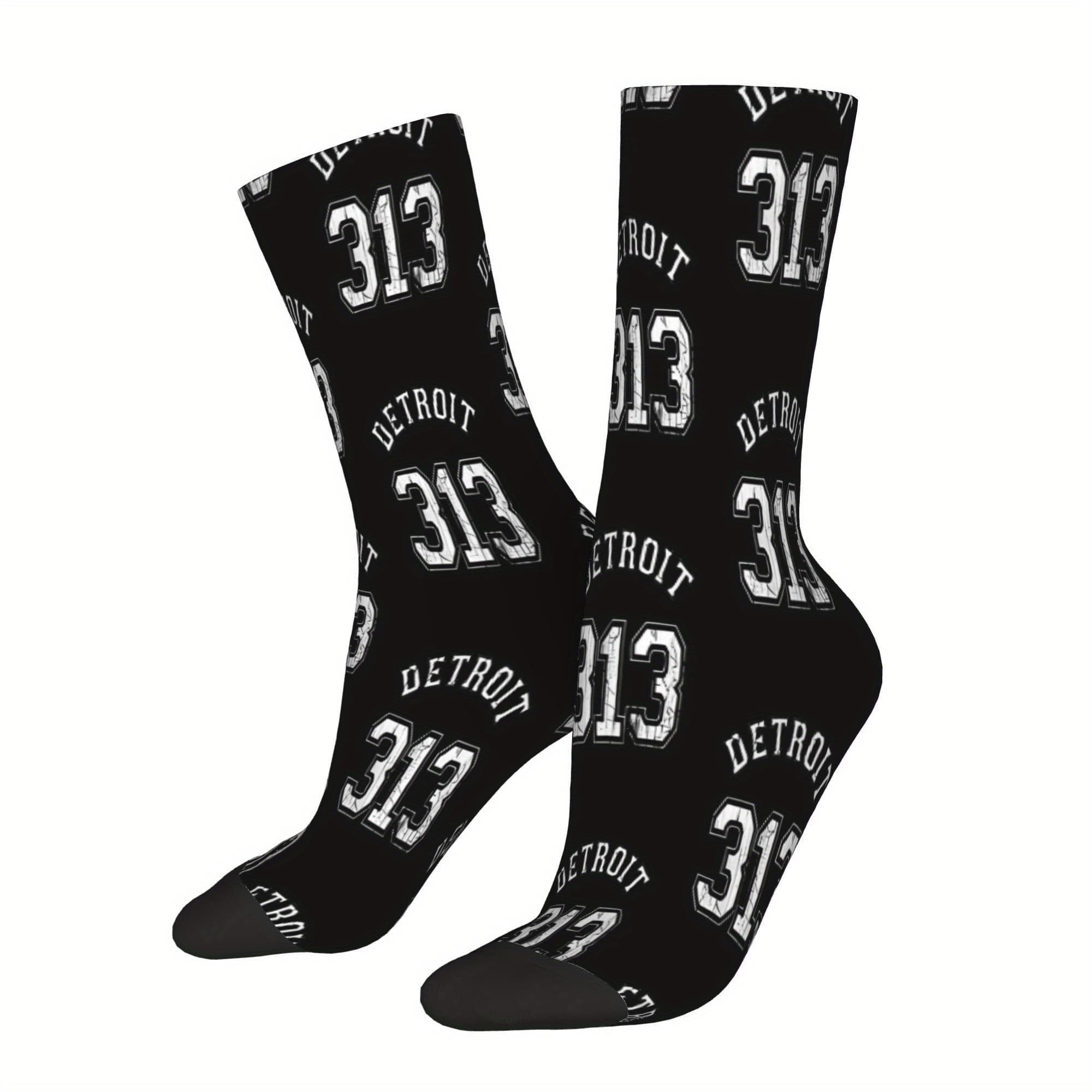 TEMU Sock Printed For Man Polyester Detroit 95% Polyester 5% Elastane Black Toe Contrast For Hip Hop Streetwear
