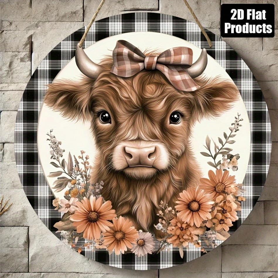 TEMU 2d Flat, 2d Flat Printing, 1pc, Round Wooden Sign Decoration, Highland Cow Theme, Suitable For Bar Kitchen Shop Room Office Decoration, Party Decoration, Holiday Gift, 8x8 Inches, 2d Flat