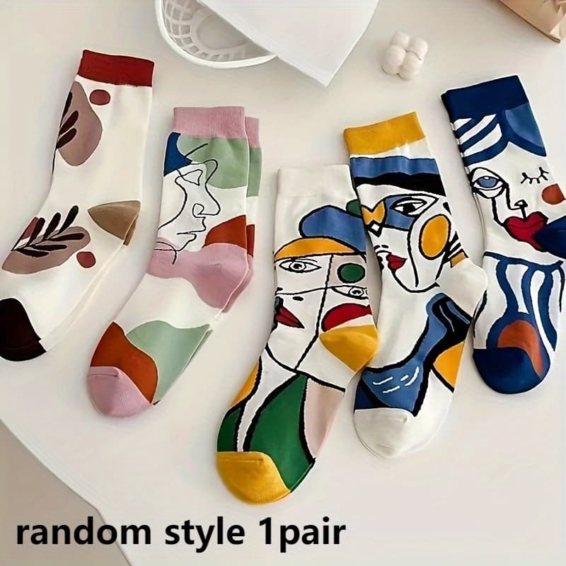 TEMU Random Color Women's Socks, Mid Length Socks, Breathable And Sweat Absorbing, Women's Long Socks, Autumn And Winter Socks, Facial Art Socks, Mid Length Socks