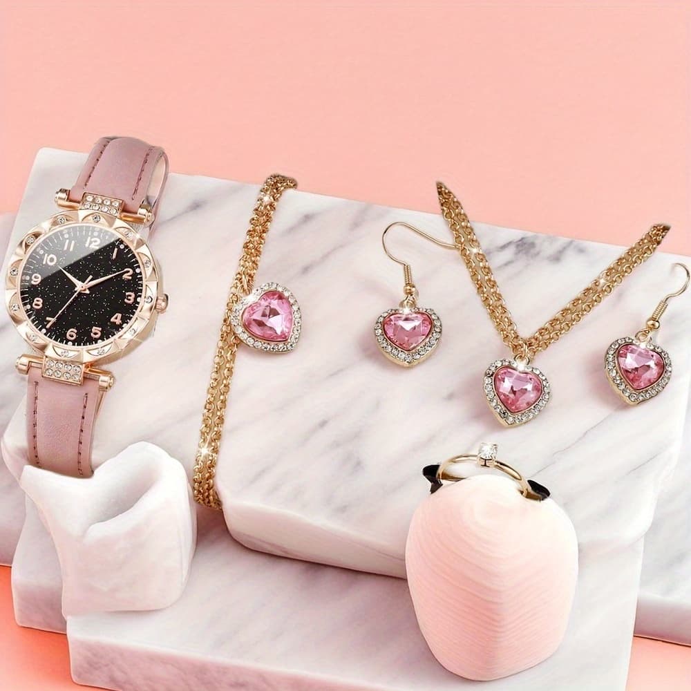 TEMU 5pcs/ Fashion Quartz Watch With -shaped Jewelry Set, Stylish And Comfortable Simulation Design, Perfect For Daily Wear And Fashionable Wardrobes, Unique New Year Christmas Birthday Gift