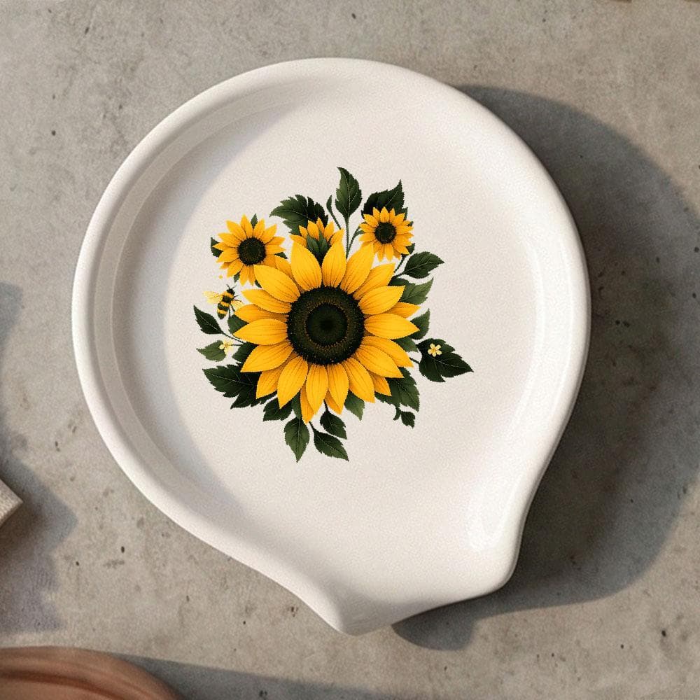 TEMU Sunflower & Bee Ceramic Spoon Rest, Rustic Botanical Style Holder With Spoon Notch, Decorative Kitchen Countertop & Stovetop Organizer, Perfect Housewarming Gift For & Home Cooks