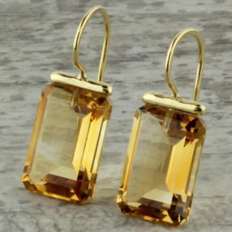 TEMU 2pcs Citrine Stone Drop Earrings, Copper With Golden Plating, Elegant Vibrant Jewelry For Party, Date, Warm Shimmer And Sophisticated Style