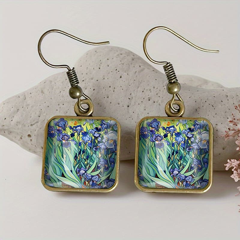 TEMU 1 Pair Van Iris Flower Square Earring Retro Glass Dangle Earrings Handmade Jewelry Gift For Friend