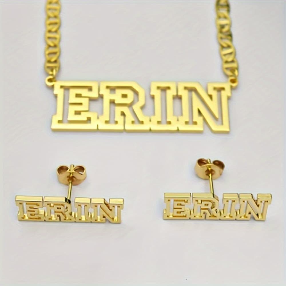 TEMU 2025 Custom Name Necklace And Earring Set, Personalized Hollow , Women's Jewelry Set, Stainless Steel Pendant Flat Chain, Unique Birthday Gifts, Christmas Gifts For And