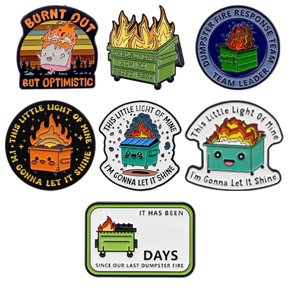 TEMU 7pcs Set Of Vibrant Enamel Brooches- Quirky Firefighter And Trash Can Designs, Alloy Fashion Accessories For Backpacks And Clothing, 's Gift, Humorous Badges| Vibrant Enamel Pin| Durable Brooch