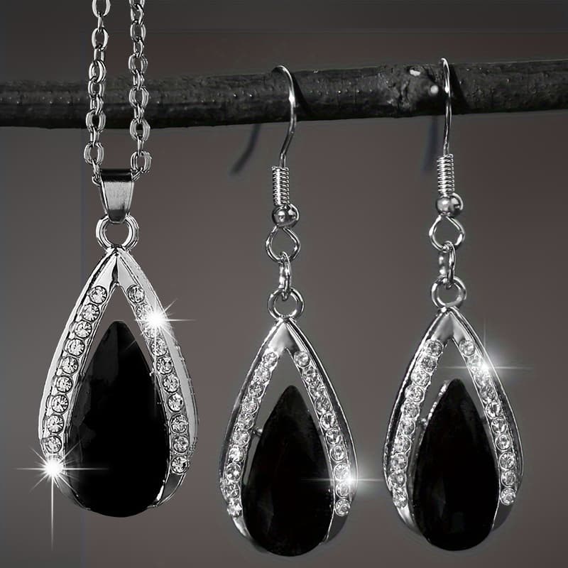 TEMU 3pcs Fashionable And Exquisite Black And Red Glass Pendant Earrings Necklace Set Valentine's Day Anniversary Celebration Birthday Party Wedding Gift Jewelry Accessories