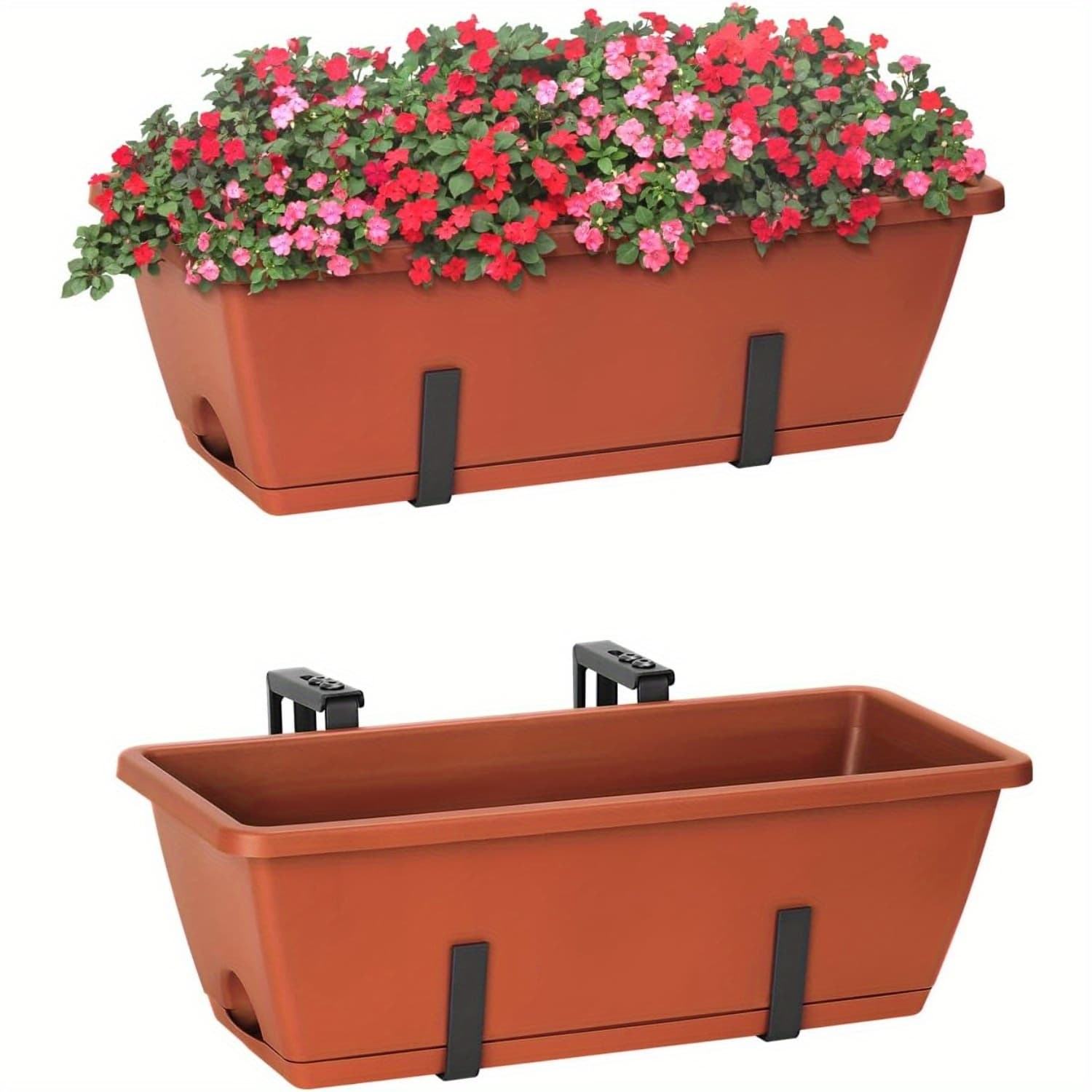 TEMU Railing Planter Box, 2 Pack Deck Hanging Planters For Railings, Inch Balcony Planters Railing Hanging With Metal Brackets, Black And Red