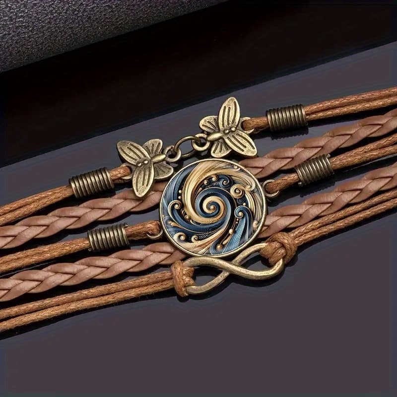 TEMU Bohemian Mandala Infinity Bracelet - Adjustable Pu Leather Wrist Chain With Golden & Dark Blue Swirls, Brown Braided Boho Style For &, Unisex For Casual Or Dressy Outfits, Gift Idea, For Teenager
