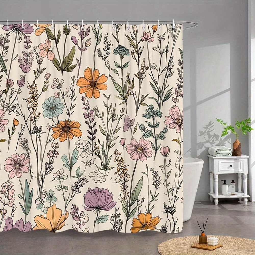 TEMU 1pc A Floral Shower Curtain Made From Polyester Fabric, Featuring Vibrant Wildflowers And Sophisticated . This Bath Curtain Set Measures By Inches And Includes 12 Hooks To Enhance Of Your Home