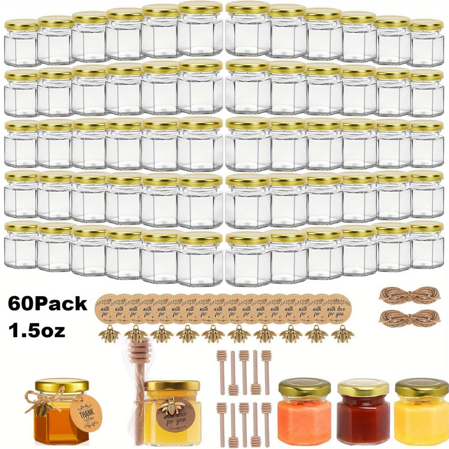 TEMU 60 Pack Mini Hexagon Glass Honey Jars With Wooden - Golden Lid, Bee Pendants, Rope& Ribbon Accents- 1.5 Oz Adorable Wedding Favors, Party Favors, Dishwasher Safe
