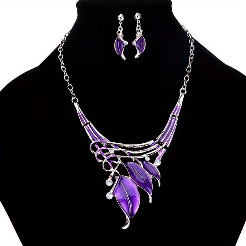 TEMU 1 Set Of Fashionable Classic Leaves Shape Colored Oil- Synthetic Necklace Earrings Women's Set Chain Daily Party Banquet Birthday Gift