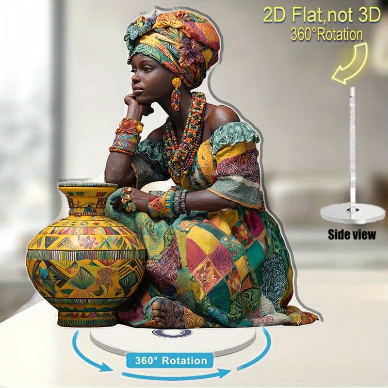 TEMU 2d Flat, 2d Flat Print Rotating Acrylic Ornament Of A Dark-skinned Woman In A Colorful Dress And Vibrant Turban With A Decorative Vase Perfect For Home Or As A Father's Day Gift, 2d Flat