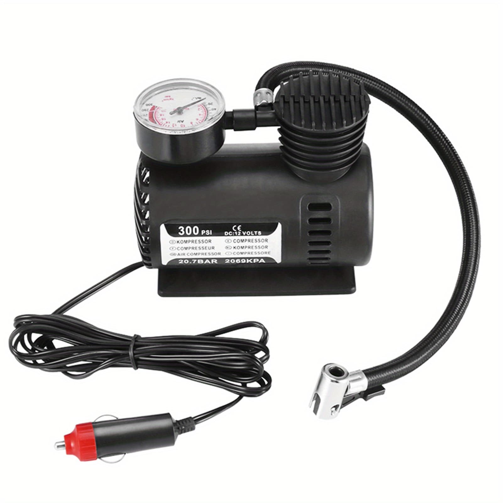 TEMU Portable 300psi Mini Air Compressor Pump With Mechanical Pressure Gauge, 12v - Ideal For Basketball And Football , Black