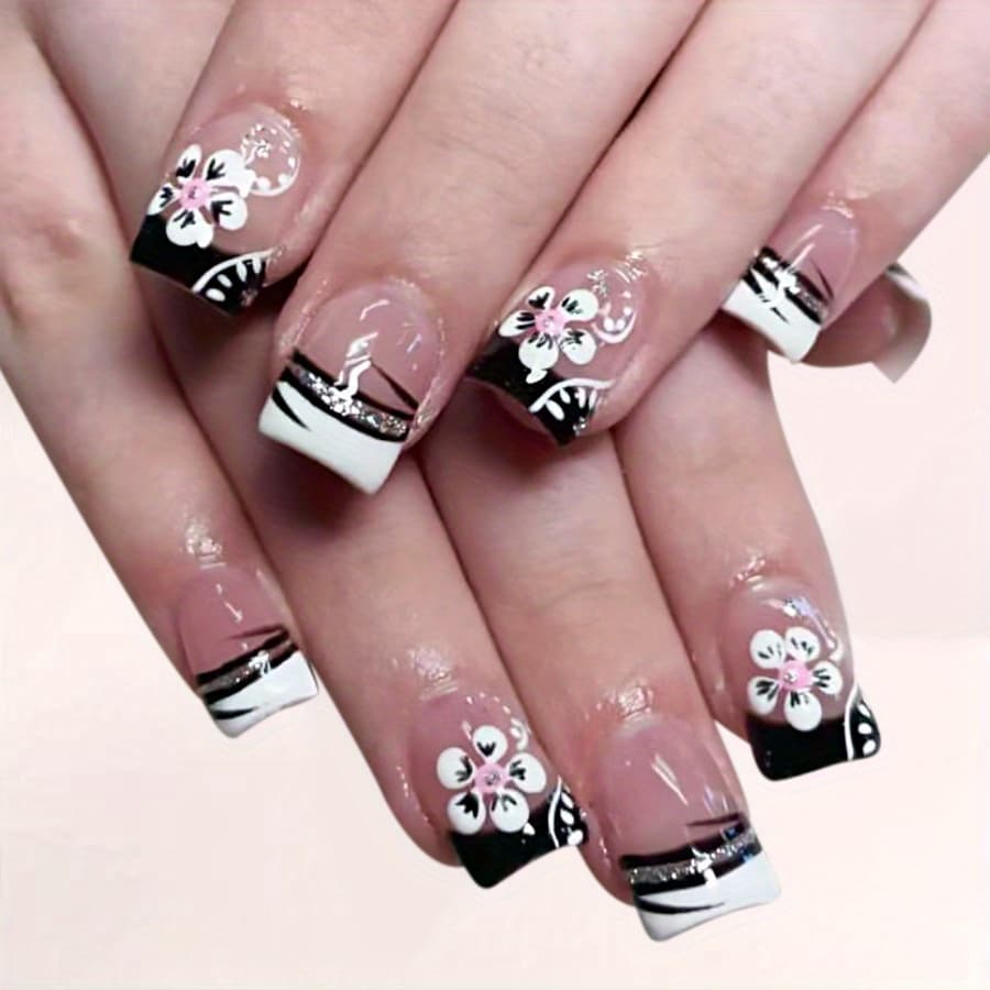 TEMU Short Shiny Square Armor European And American Early And White French Stripe Glitter Black And White Flower Wearing Armor Piece 48pcs
