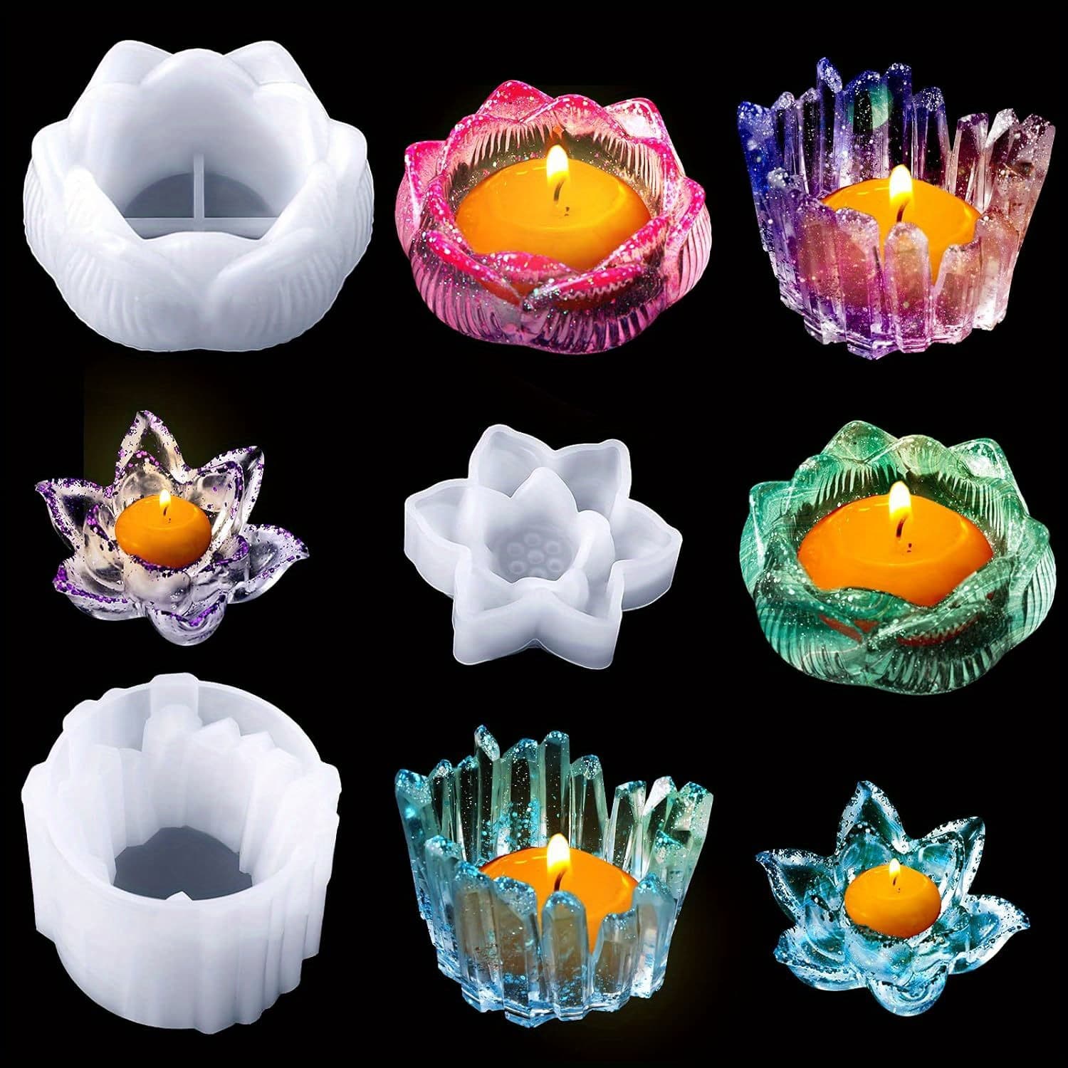 TEMU 3 Shape Resin Candle Holder Mold Silicone Tealight Holder Mold Flower Lotus Resin Casting Mold For Box Trinket Container