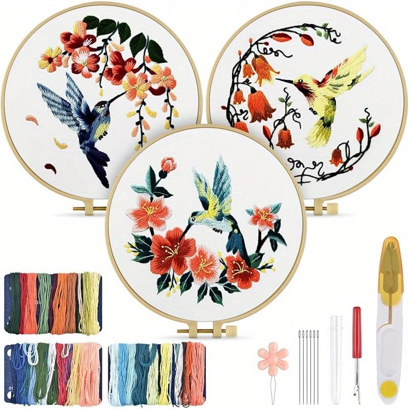 TEMU 3 Sets Flower Embroidery Practice Kit For Adult Beginners, Embroidery Cloth Threads For , Diy Crafts, Gift For Birthdays, Christmas, Thanksgiving, Valentine's Day,
