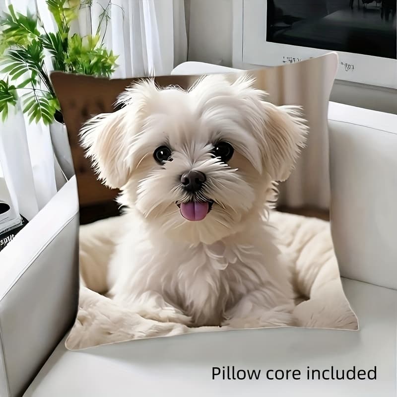 TEMU 1pc Adorable White Puppy Print Pillow With Zipper Closure- Soft Polyester Decorative Cushion For Living Room, Bedroom& Outdoor Decor, Contemporary Style, Hand Wash , Dog Decor