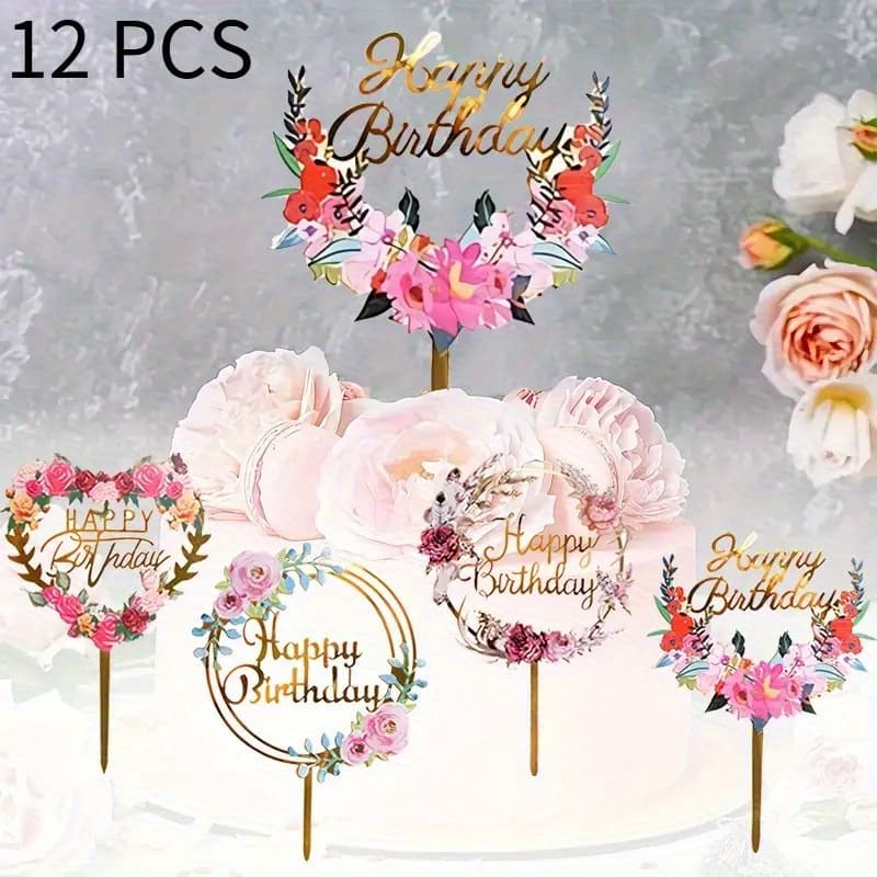 TEMU 12pcs Golden Glitter Acrylic Cake Topper Set] Happy Birthday Letters Decoration Baking Decorating Tools Party Supplies Festive Gift For Birthday