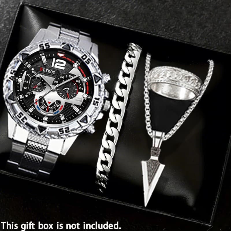 TEMU 4pcs Men's Luxury Watch & Set With Matching Bracelet, Necklace & Ring - Quartz Wristwatch Suitable For Business & Casual Wear, Elegant Gift For Christmas/graduation/teacher's Day (4pcs)